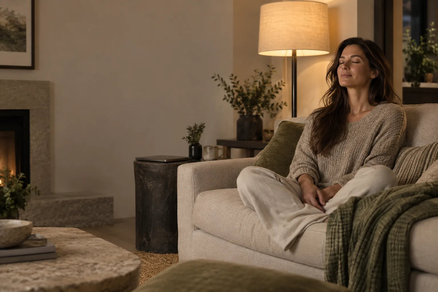 Person resting with eyes closed in a softly lit living room after using a laptop.