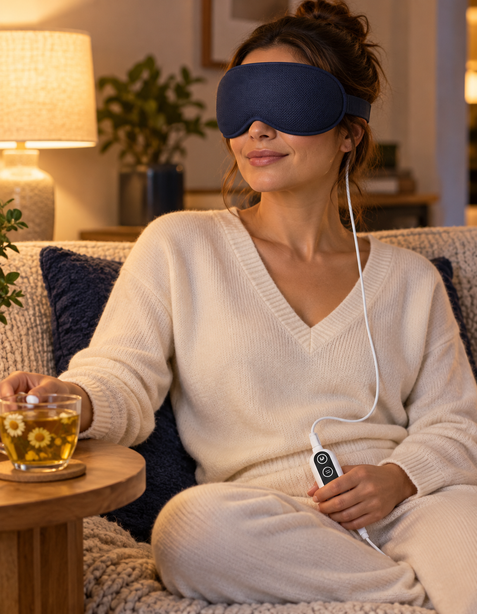 Woman relaxing on the sofa wearing the Sleepiti heated eye mask