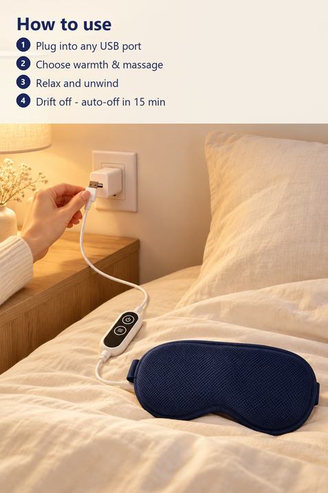 How to use: plug in, choose warmth and massage, relax, auto-off in 15 minutes