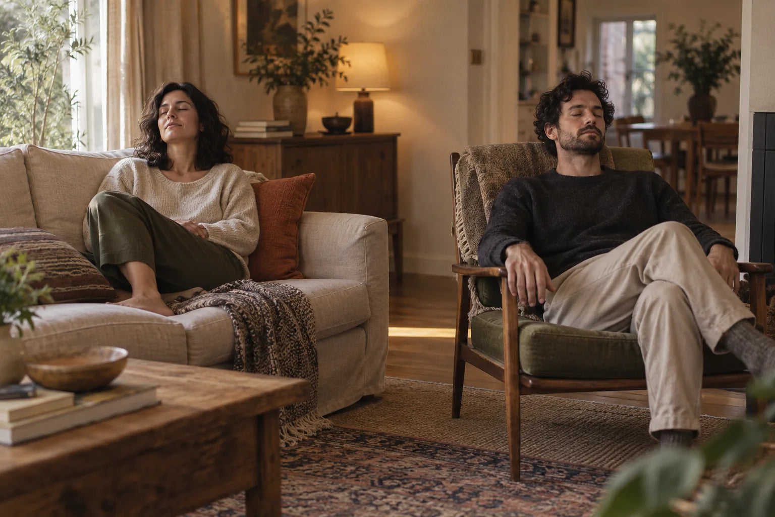 Two people taking separate quiet moments in a warmly lit living room.