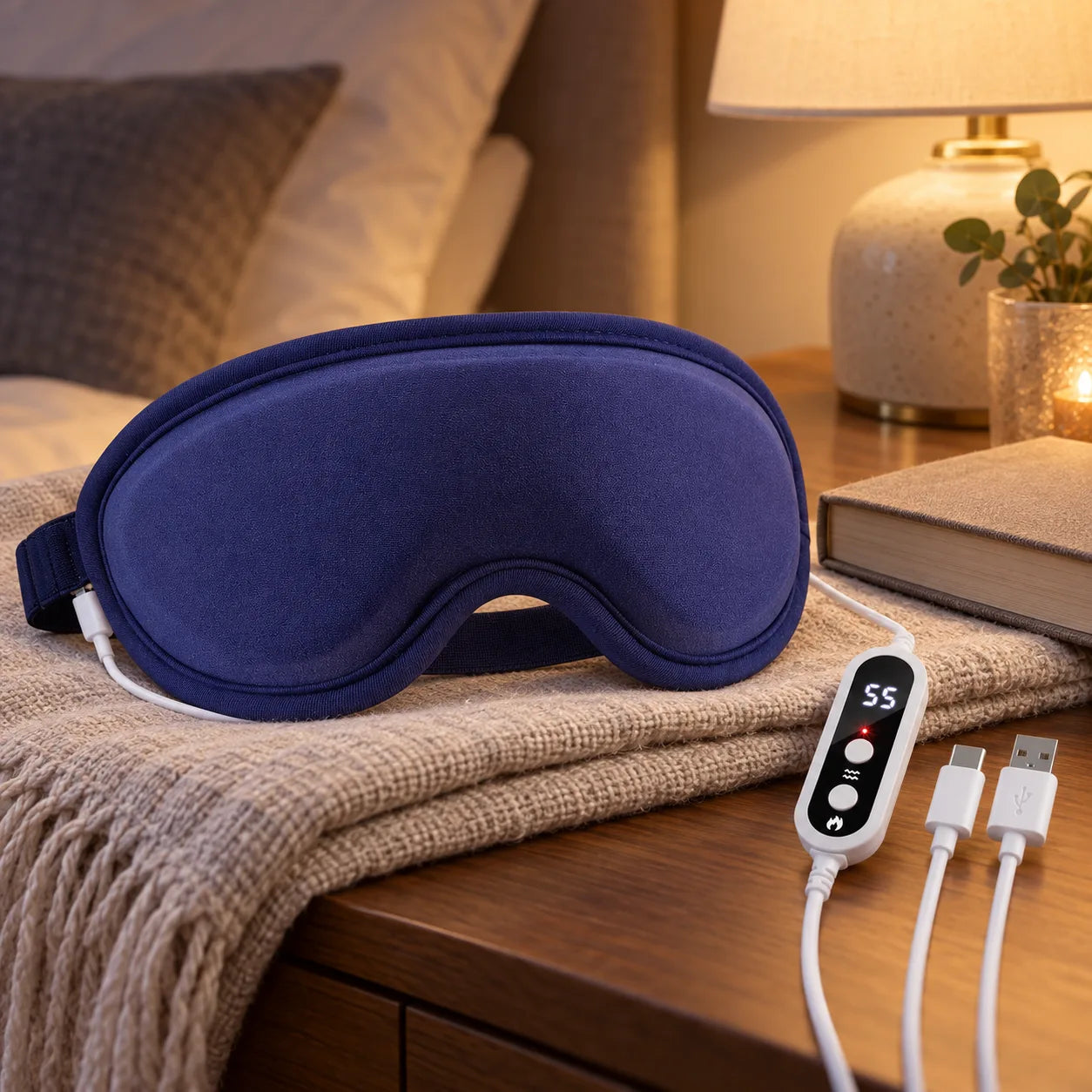 Sleepiti heated eye mask resting in a softly lit evening setting.