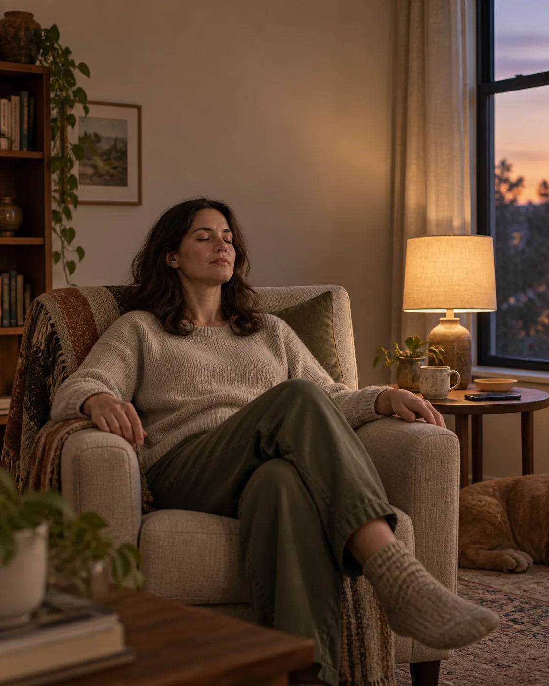 Person taking a quiet eyes-closed pause in an armchair beside a dusk window.